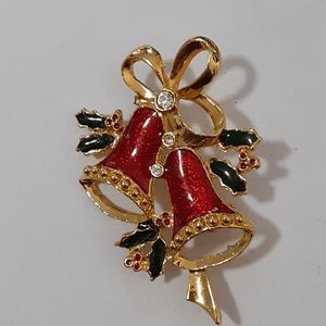Vintage Christmas bells bow brooch 2" rhinestones pin holidays